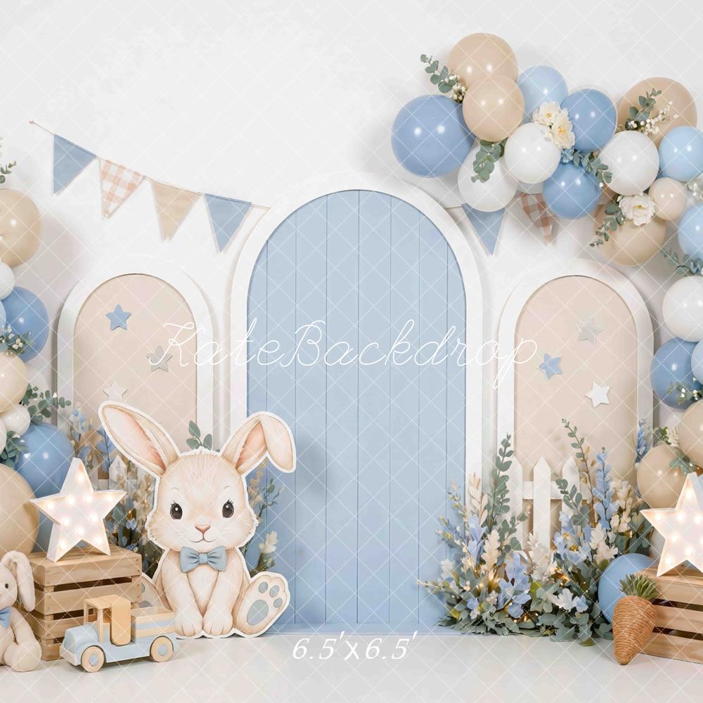 Kate Cake Smash Bunny Blue Beige Balloon Arch Printed Backdrop Designed by Mini MakeBelieve