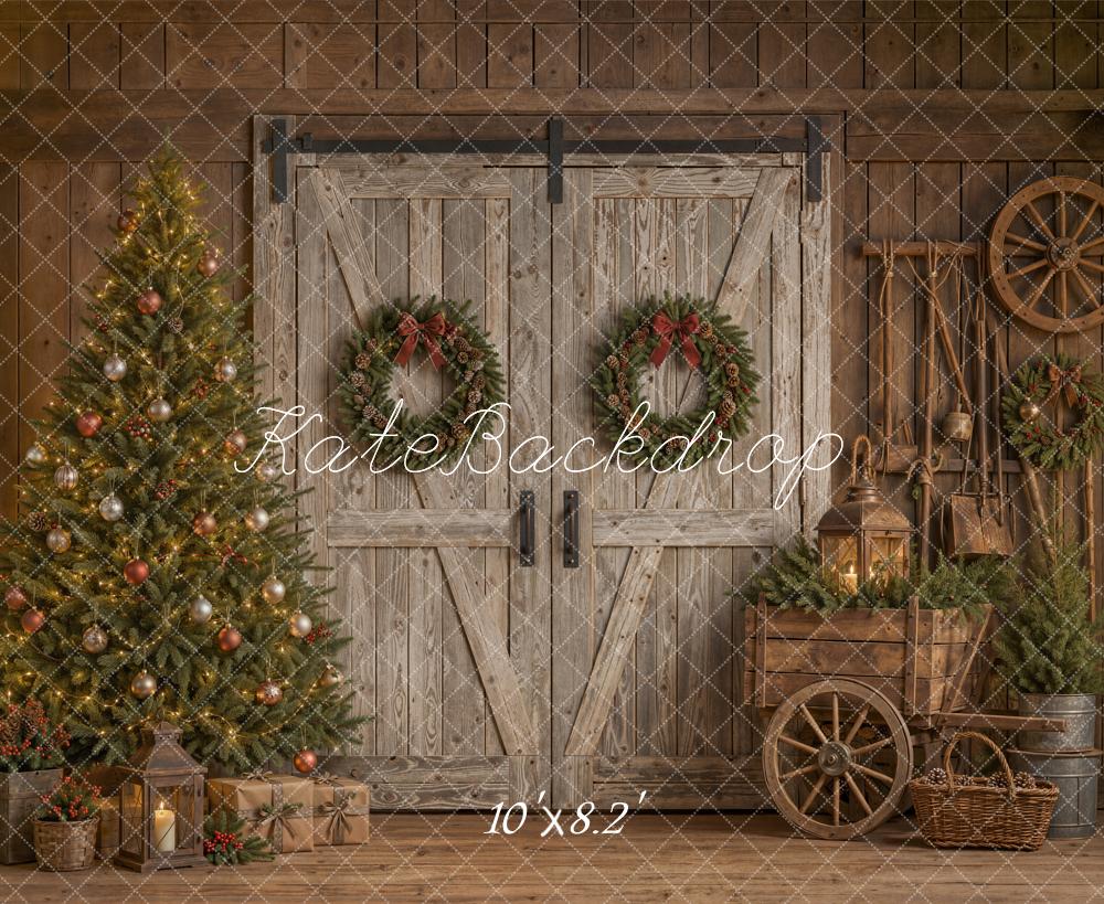 Kate Christmas Rustic Barn Door Christmas Tree Wagon Wheel Printed Backdrop Designed by Emetselch