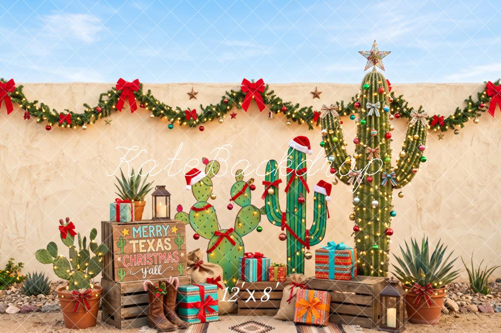 Kate Christmas Western Texas Cactus Garland Presents Printed Backdrop Designed by Patty Roberts
