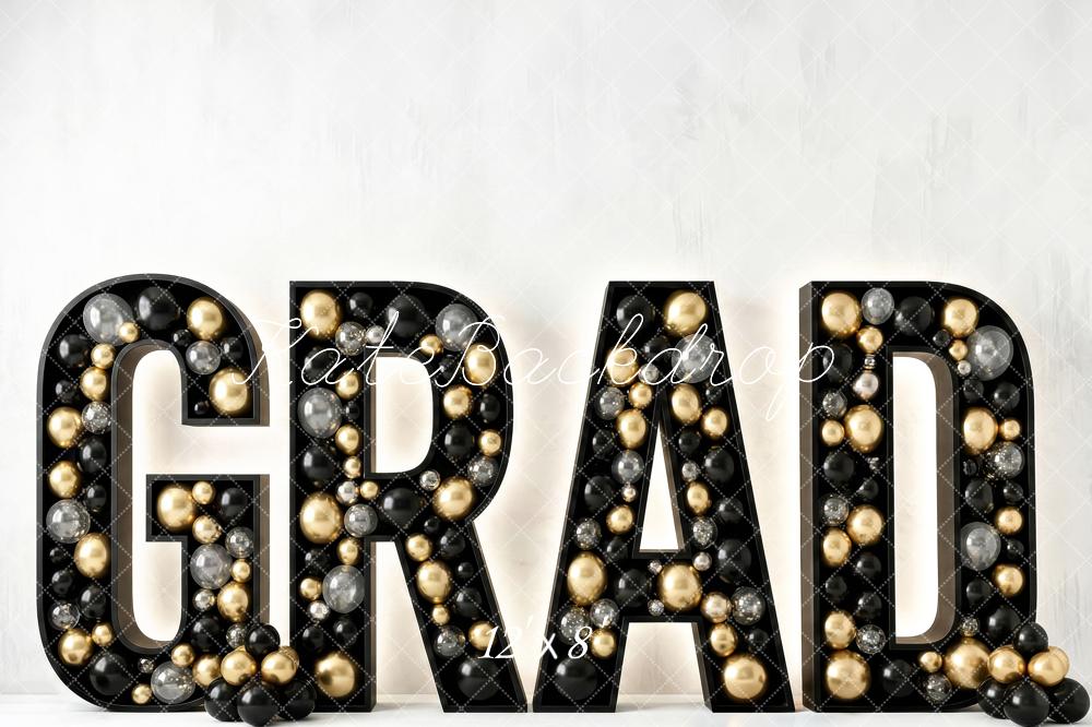 Kate Graduation Black Gold Silver Balloons Printed Backdrop Designed by Patty Roberts