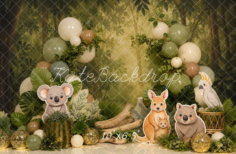 Kate Cake Smash Jungle Koala Kangaroo Wombat Balloon Garland Printed Backdrop Designed by Emetselch