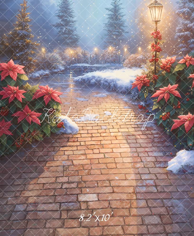 Kate Christmas Snowy Poinsettia Brick Pathway Backdrop Designed by Emetselch