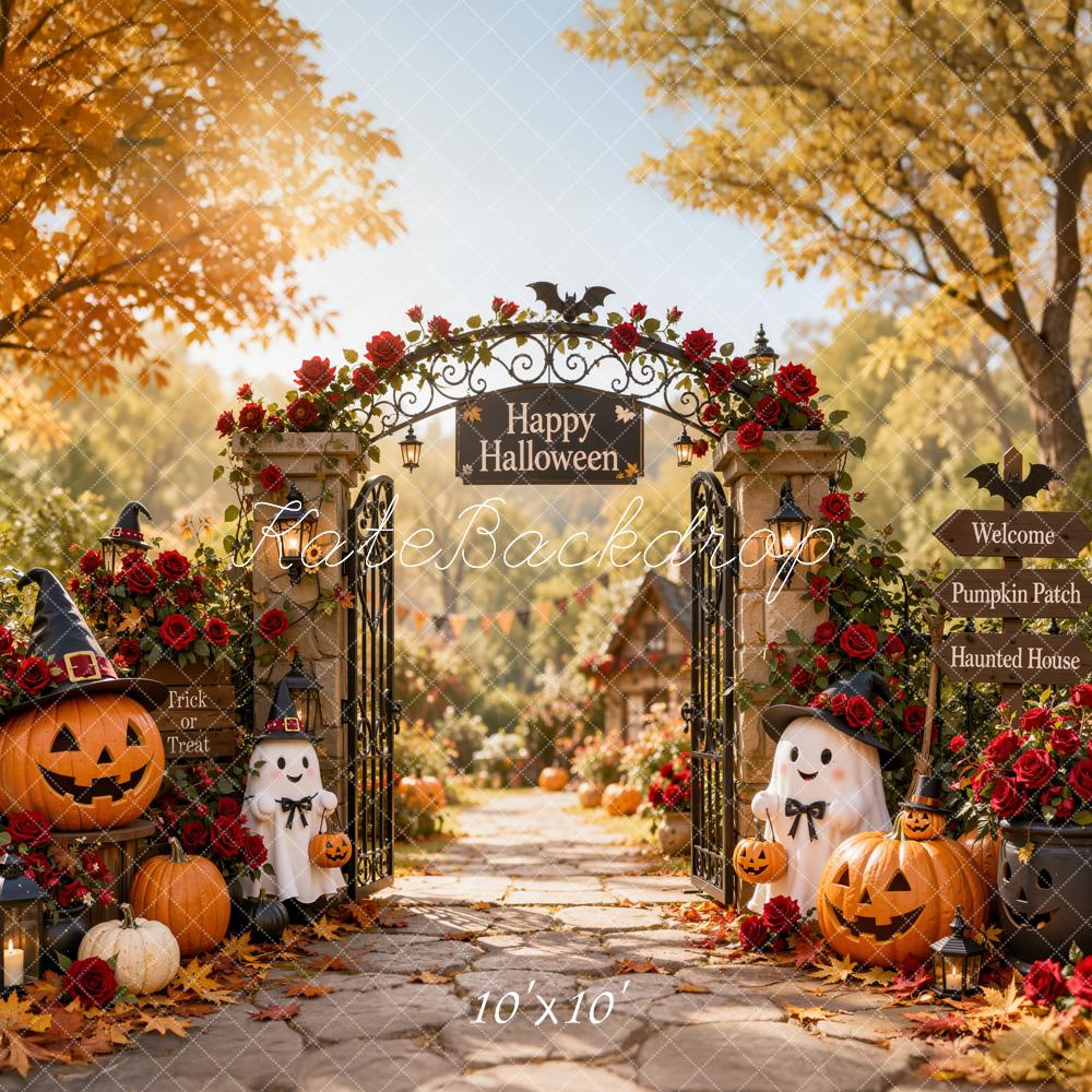 Kate Halloween Rose Garden Gate Ghosts Pumpkin Lanterns Printed Backdrop Designed by Emetselch