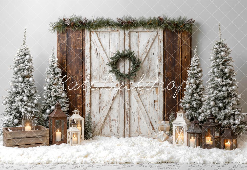 Kate Christmas Rustic Barn Door Snowy Trees Lanterns Printed Backdrop Designed by Emetselch