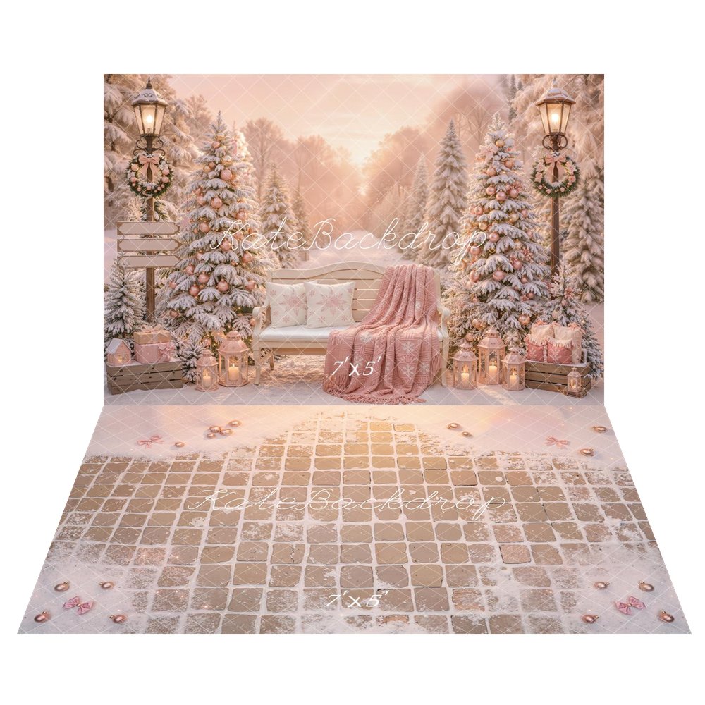 Kate Christmas Snowy Trees Bench Pink Gifts Outdoor Printed Backdrop+Snowy Pink Tile Floor Printed Backdrop