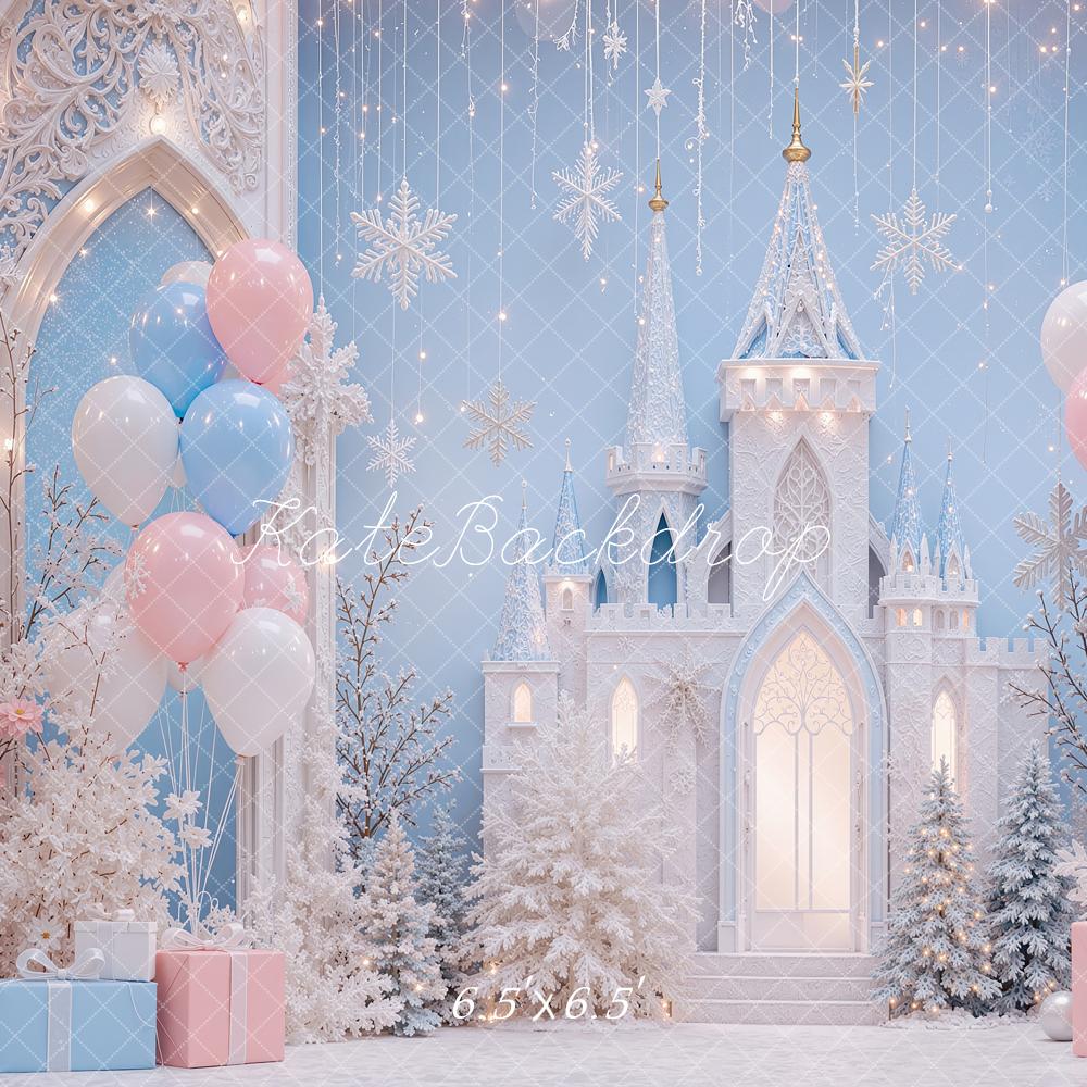 Kate Christmas Wonderland Blue Castle Snowflakes Balloons Printed Backdrop Designed by Shutter Swan Studios