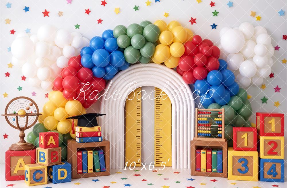 TEST Kate Back to School Rainbow Balloon Arch Books Blocks Printed Backdrop Designed by Chain Photography