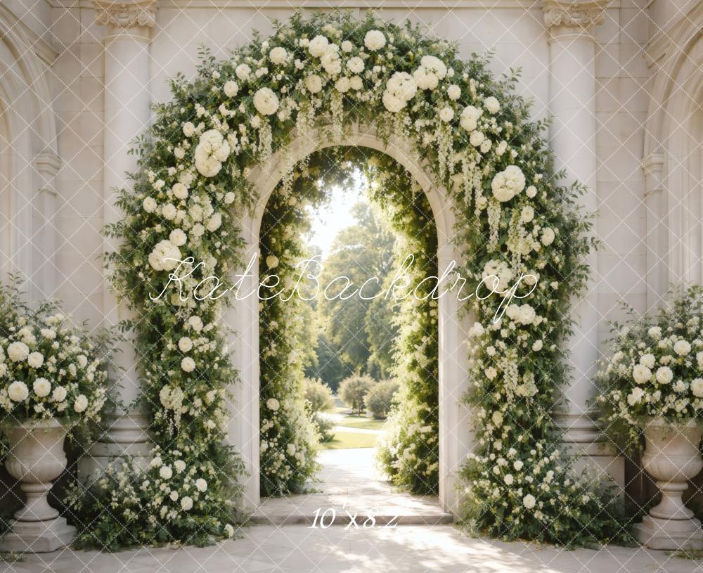 Kate Spring Flower Arch White Floral Columns Printed Backdrop Designed by Vertigo Productions
