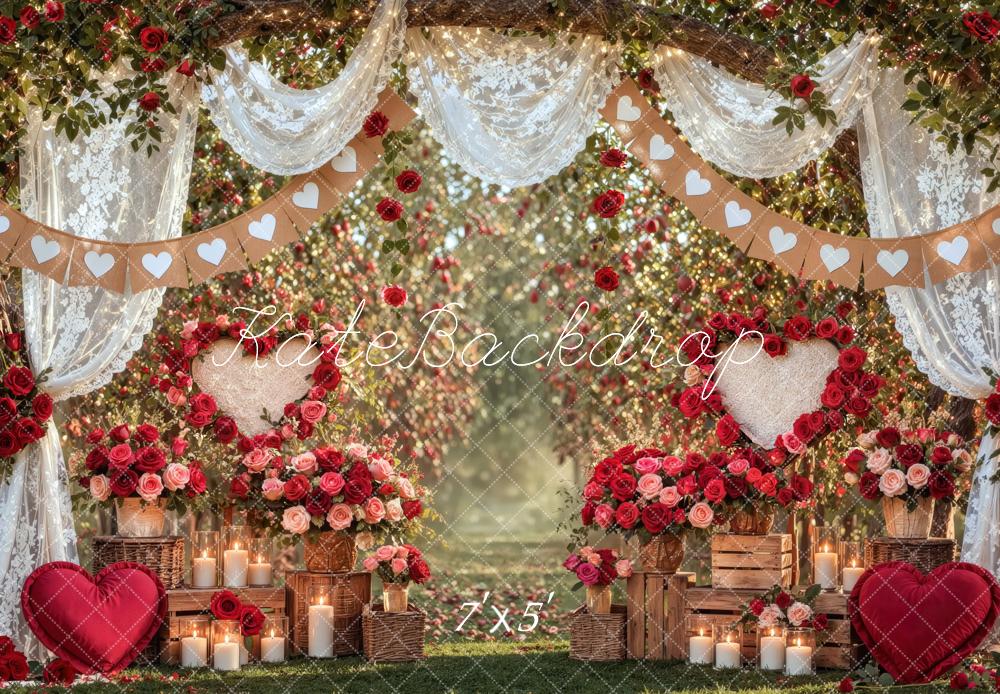 Kate Valentine's Day Rose Garden Hearts Lace Drapes Printed Backdrop Designed by Mini MakeBelieve