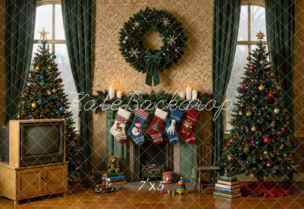 Kate Christmas 90s Trees Fireplace Wreath Vintage Television Printed Backdrop Designed by Emetselch