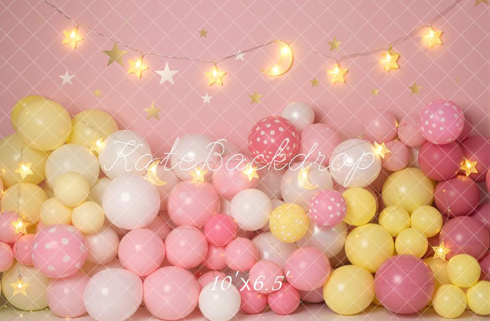 Kate Cake Smash Pink Balloon Wall With Star String Lights Printed Backdrop Designed by Emetselch