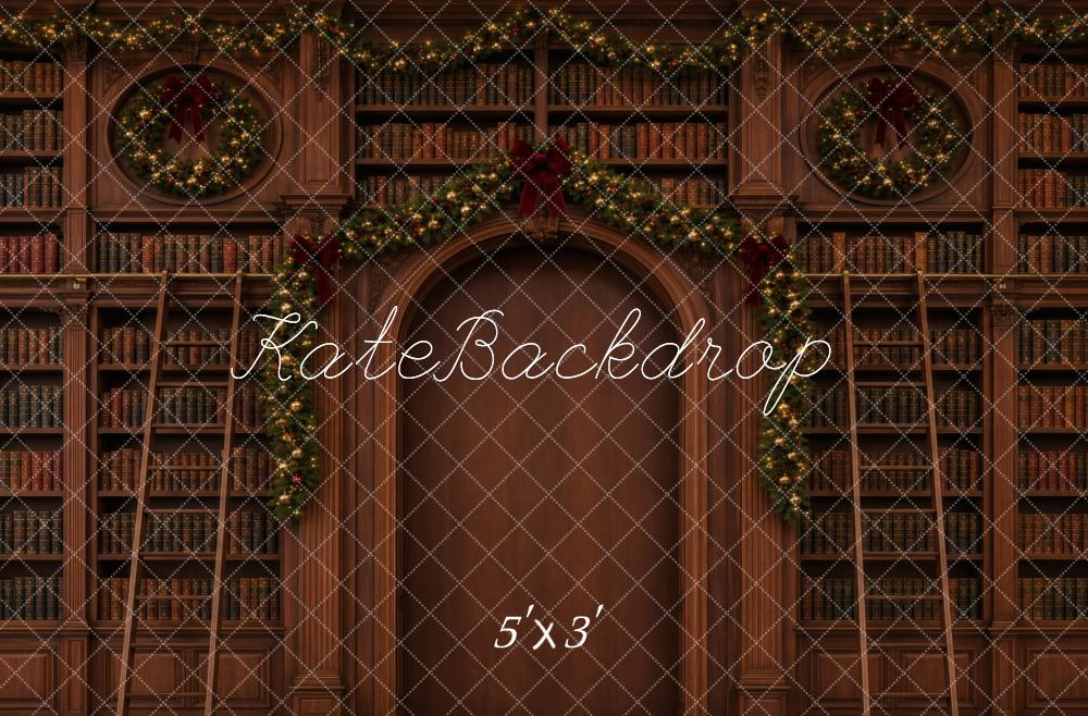 Kate Christmas Library Bookshelves Garland Printed Backdrop Designed by Vertigo Productions
