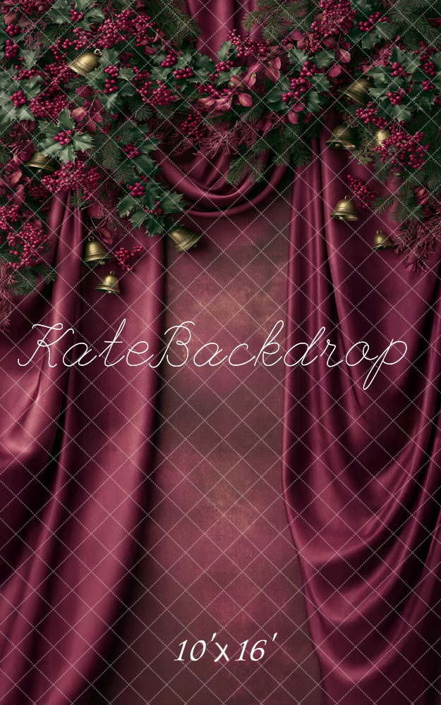 Kate Sweep Christmas Garland Burgundy Curtains Bells Printed Backdrop Designed by Angela Miller