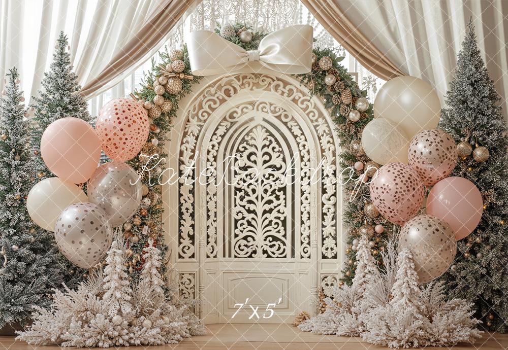 Kate Christmas Cream Vintage Door Balloon Arch Frosted Trees Backdrop Designed by Emetselch