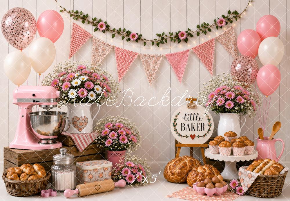 Kate Cake Smash Pink Little Baker Kitchen Floral Balloons Printed Backdrop Designed by Shutter Swan Studios