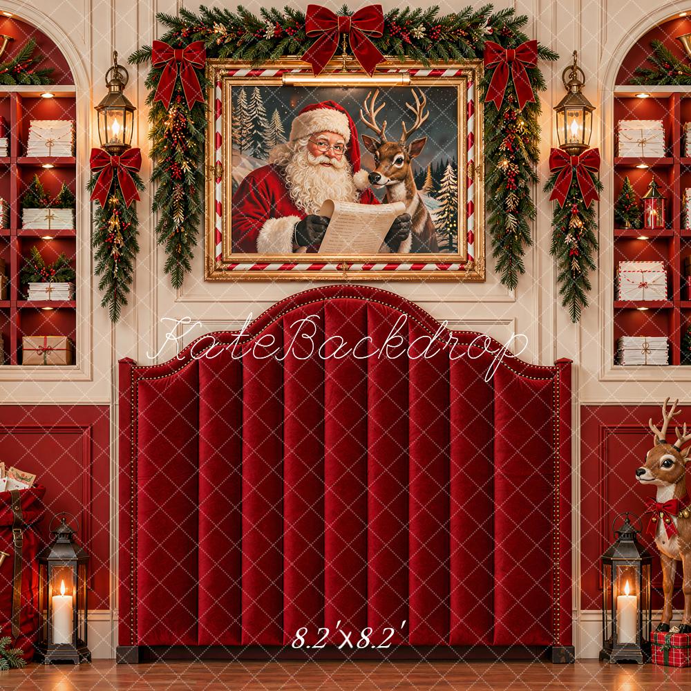 Kate Christmas Red Headboard Santa Reindeer Trees Mailroom Printed Backdrop Designed by Shutter Swan Studios