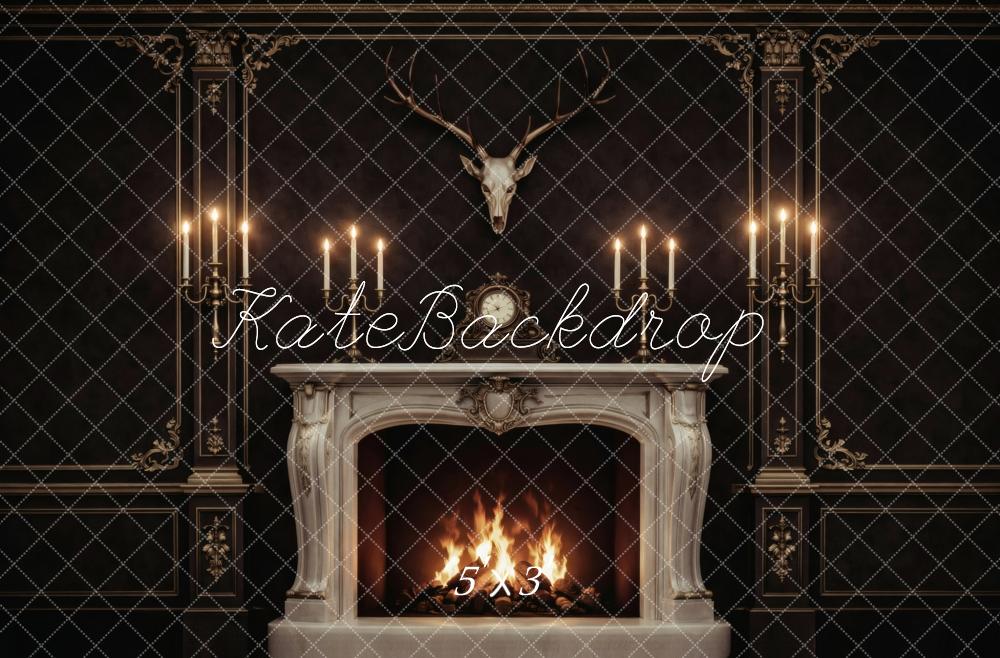Kate Black Ornate Fireplace Candle Wall Antlers Printed Backdrop Designed by Vertigo Productions