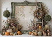 Kate Fall Pumpkin Lantern Wreath Ladder Vintage Frame The Forgotten Copiary Printed Backdrop Designed by Ashley Ward