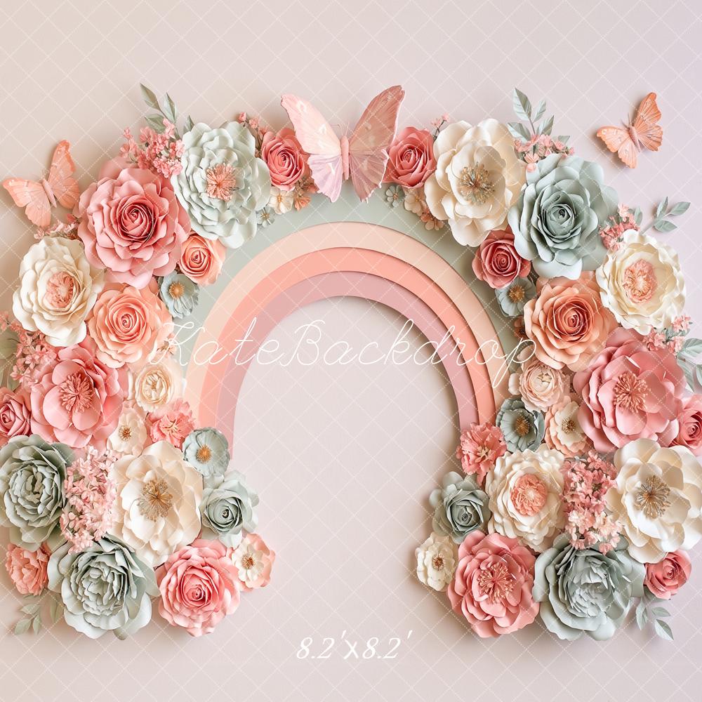 Kate Cake Smash Paper Flower Arch Pastel Rainbow Butterflies Printed Backdrop Designed by Angela Miller