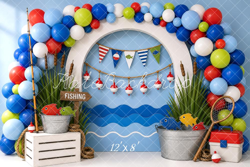 Kate Cake Smash Fishing Arch Balloons Fish Waves Printed Backdrop Printed Backdrop Designed by Shutter Swan Studios