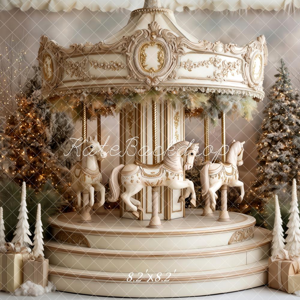 Kate Christmas Carousel Snowy Trees Gifts Beige Backdrop Designed by Patty Roberts