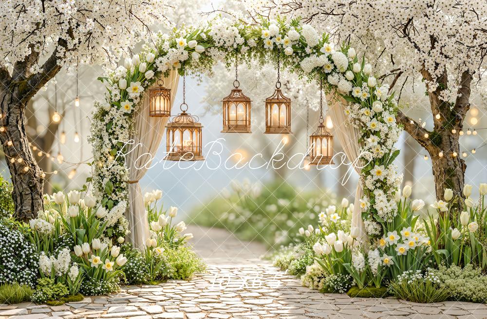 Kate Spring Flower Arch White Blossoms Lanterns Pathway Backdrop Designed by Emetselch