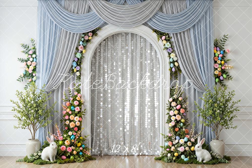 Kate Easter Bunny Floral Arch Blue Curtains Backdrop Designed by Mini MakeBelieve