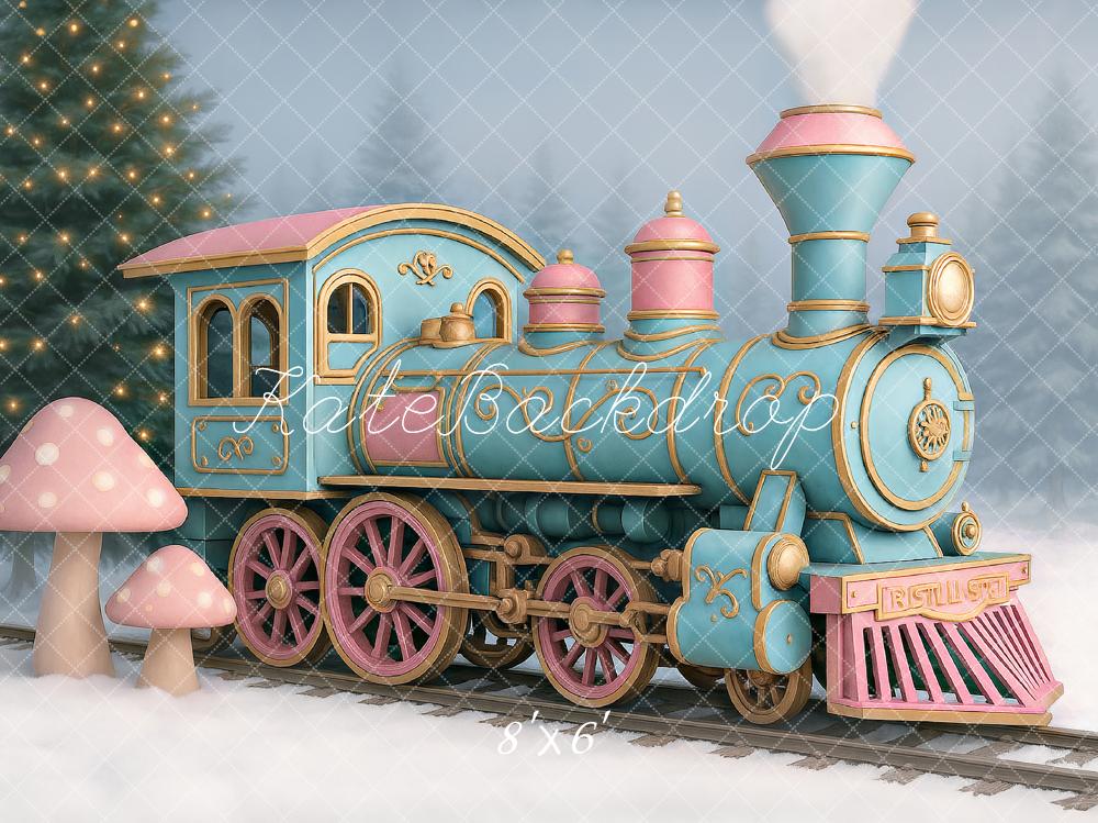 Kate Winter Polar Train Pink Mushroom Snow Backdrop Designed by Ashley Paul