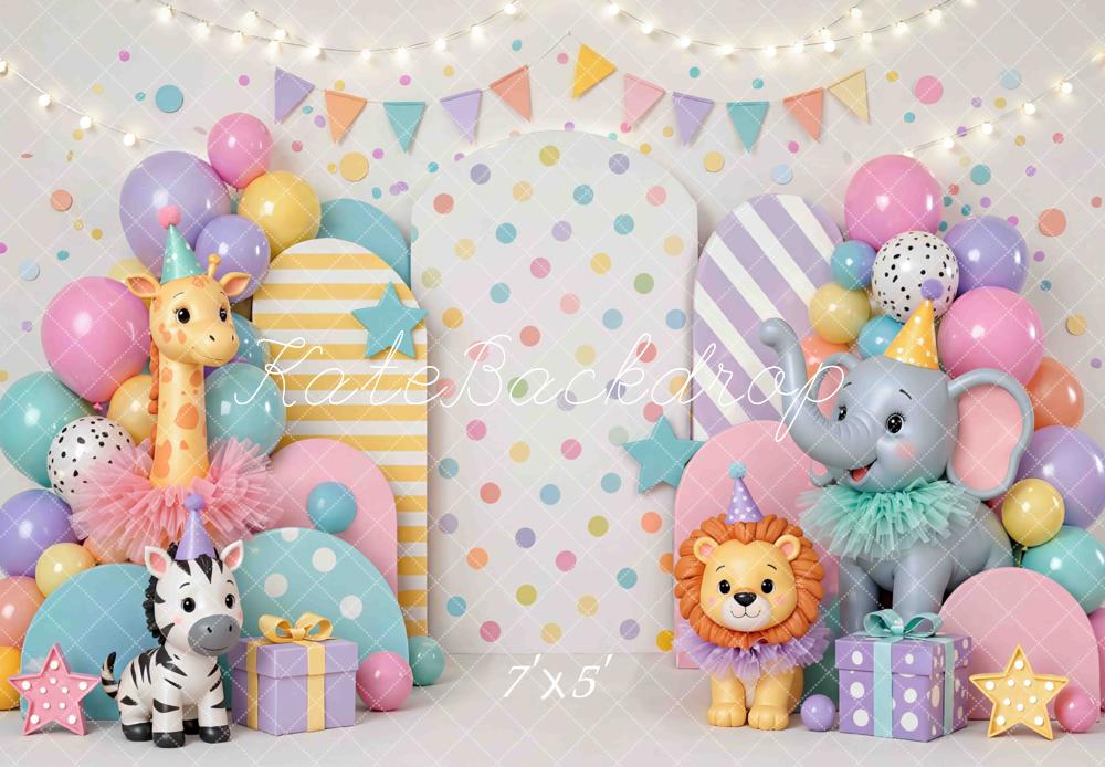 Kate Cake Smash Circus Animal Balloons Stars Pastel Printed Backdrop Designed by Mini MakeBelieve