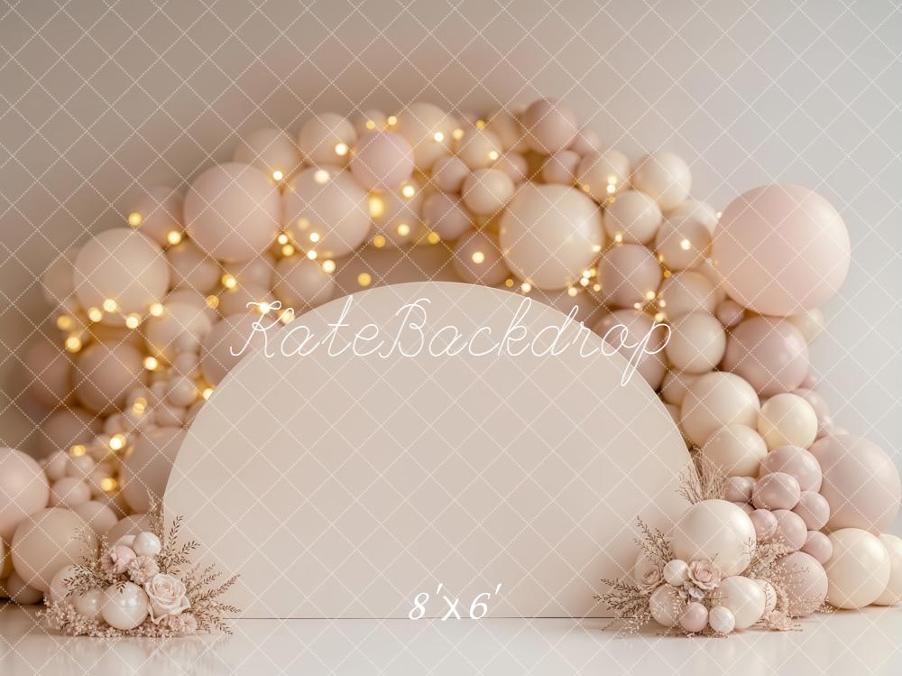 Kate Cake Smash Neutral Balloon Arch with Floral Arrangements and Fairy Lights Printed Backdrop Designed by Emetselch