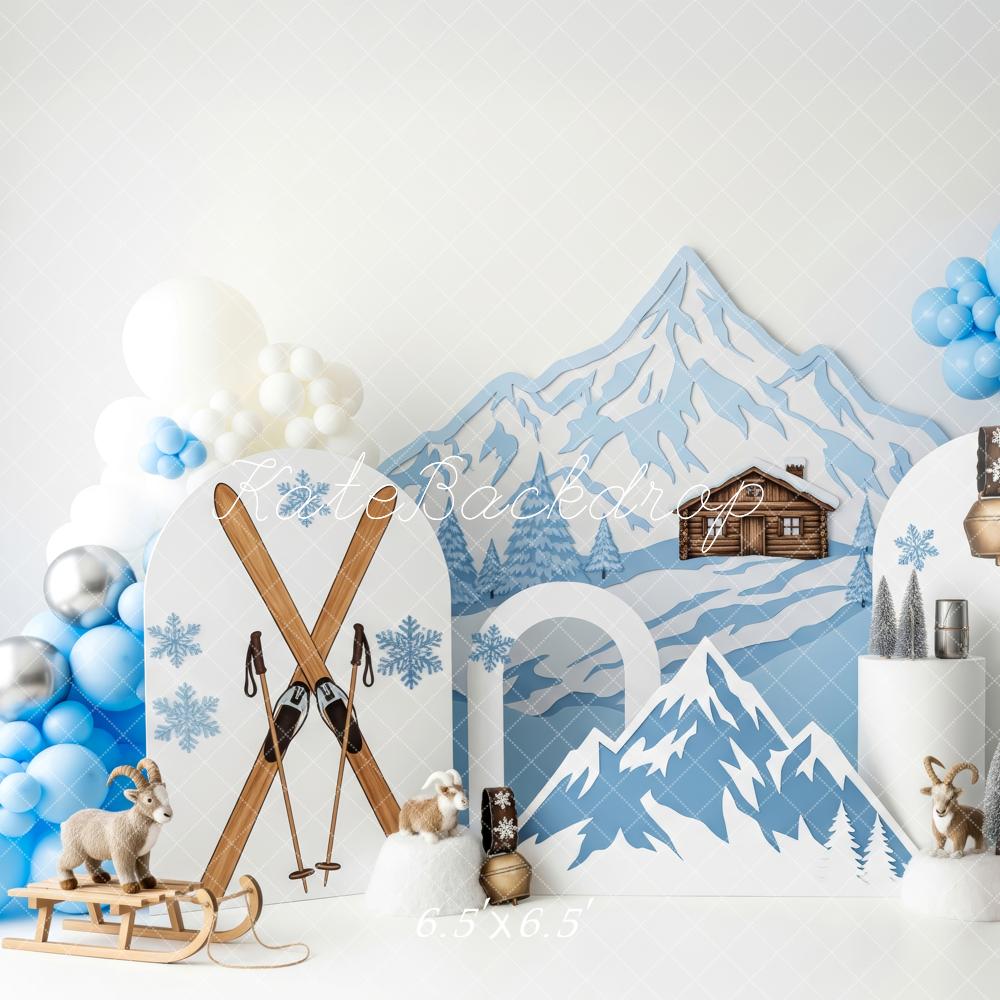 Kate Cake Smash Winter Mountain Chalet Ski Snowflakes Balloons Backdrop Designed by Patty Roberts