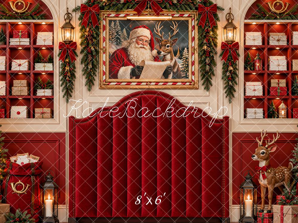 Kate Christmas Red Headboard Santa Reindeer Trees Mailroom Printed Backdrop Designed by Shutter Swan Studios