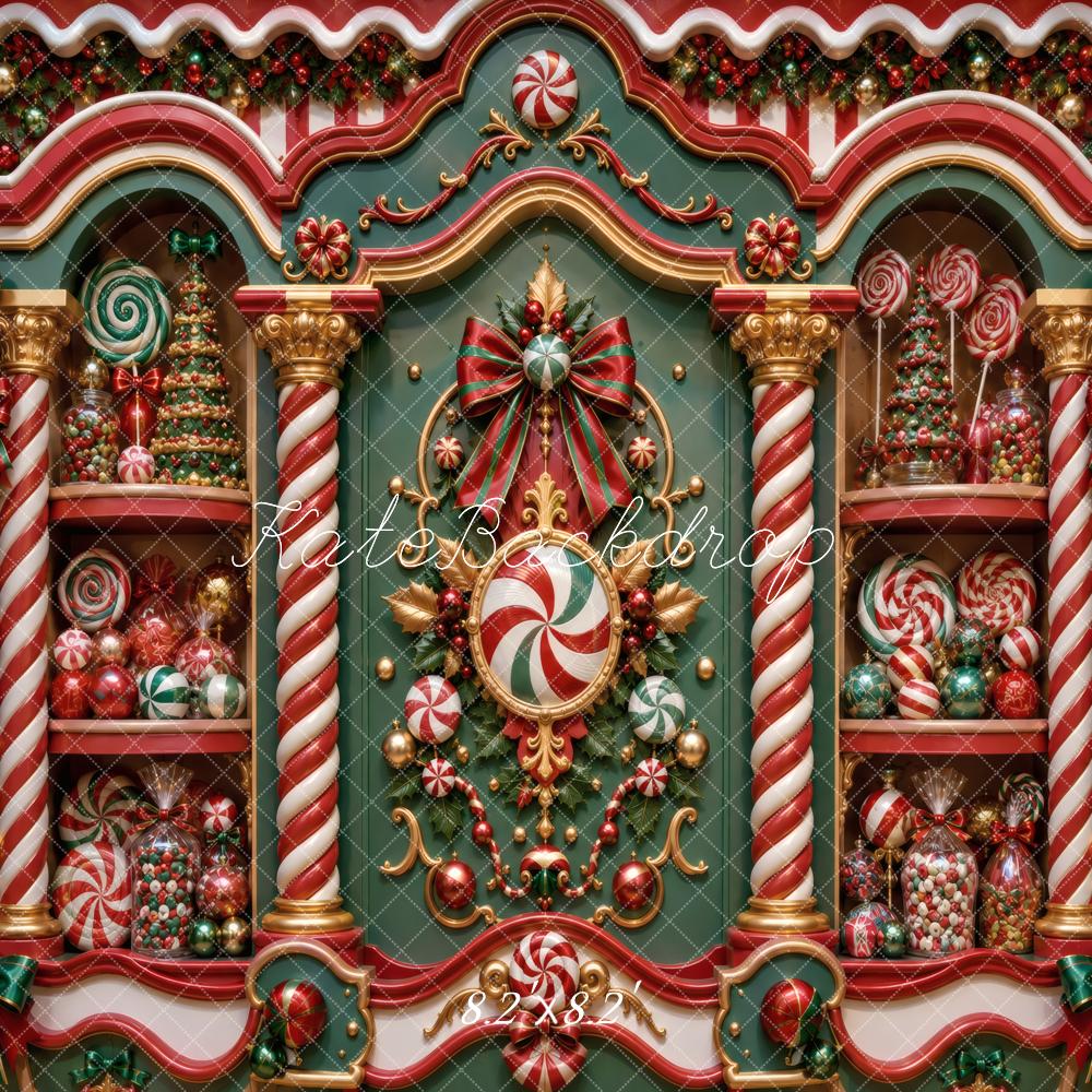 Kate Christmas Candy Peppermint Shop Green Red Printed Backdrop Designed by Vertigo Productions