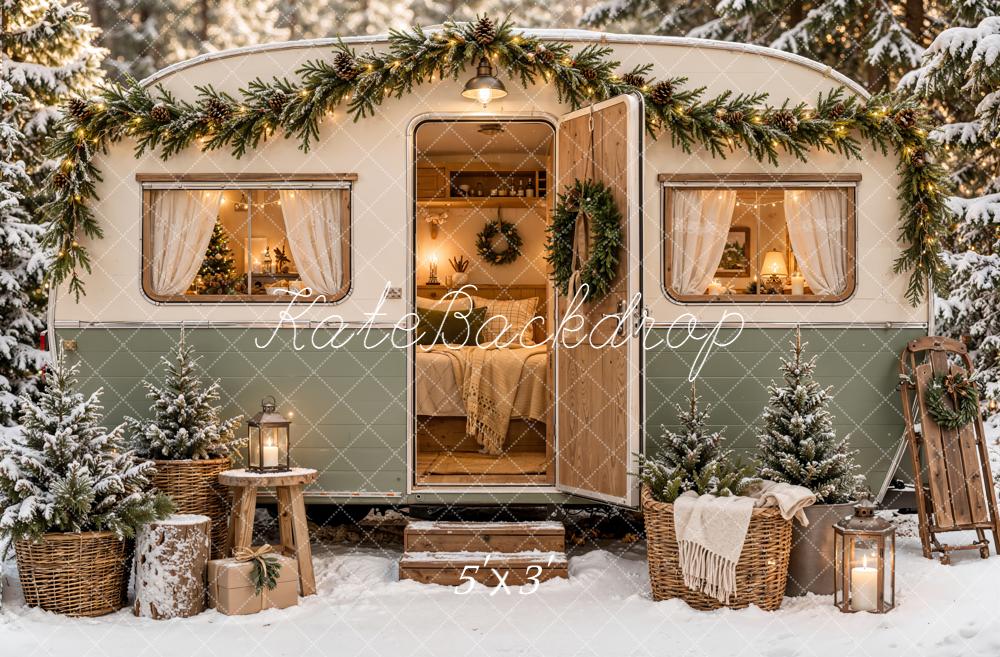 Kate Christmas Camper Rustic Snowy Trees Basket Forest Printed Backdrop Designed by Emetselch