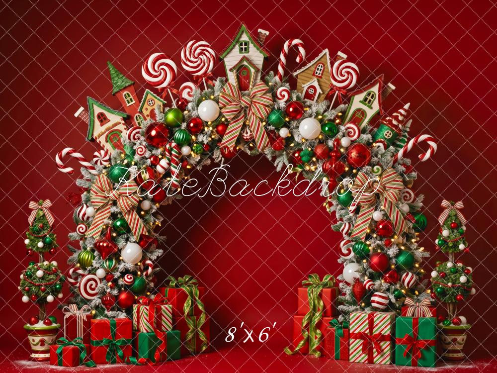 Kate Christmas Red Candy Cane Arch Gingerbread Houses Printed Backdrop Designed by Patty Roberts
