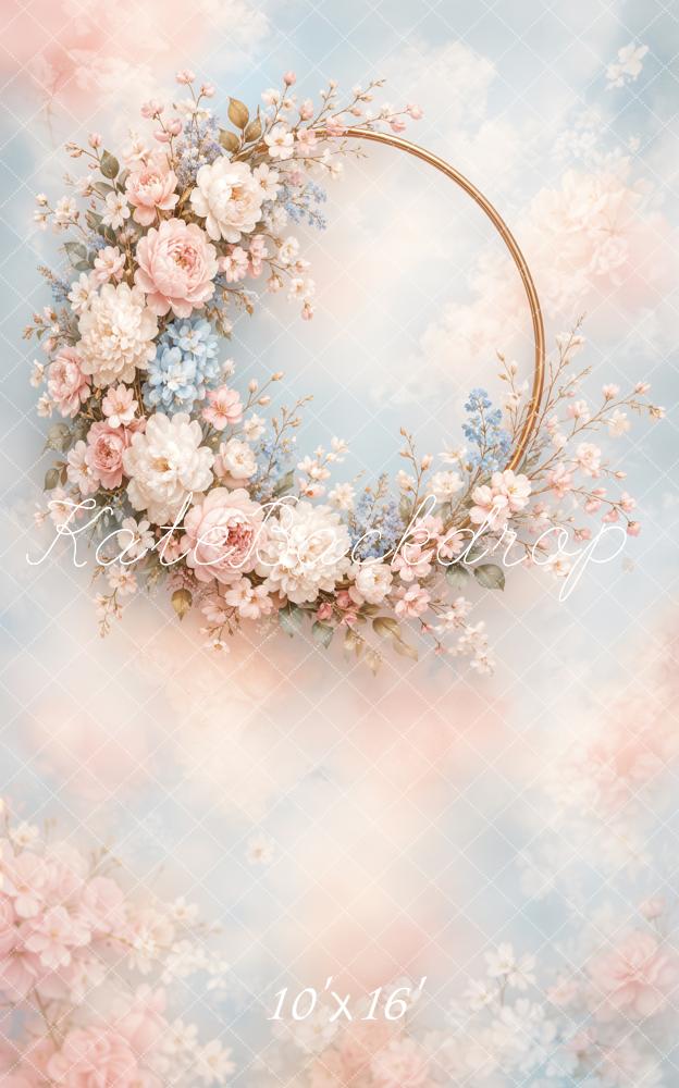 Kate Sweep Fine Art Floral Wreath Gold Hoop Clouds Printed Backdrop Designed by Emetselch