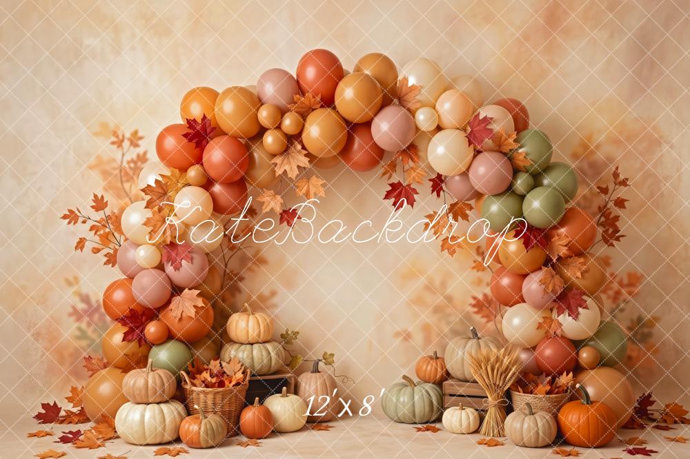 Kate Fall Birthday Pumpkin Balloon Arch With Leaves Printed Backdrop Designed by Patty Roberts