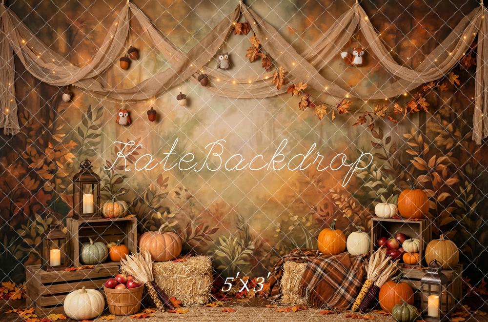 Kate Fall Woodland Harvest Pumpkins Hay Bales Owls Printed Backdrop Designed by Patty Roberts