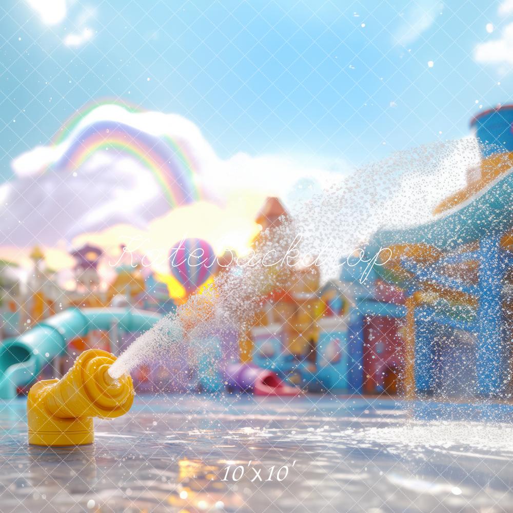 Zomer Water Park Splash Pad Regenboog Foto Achtergrond Designed by Mini MakeBelieve
