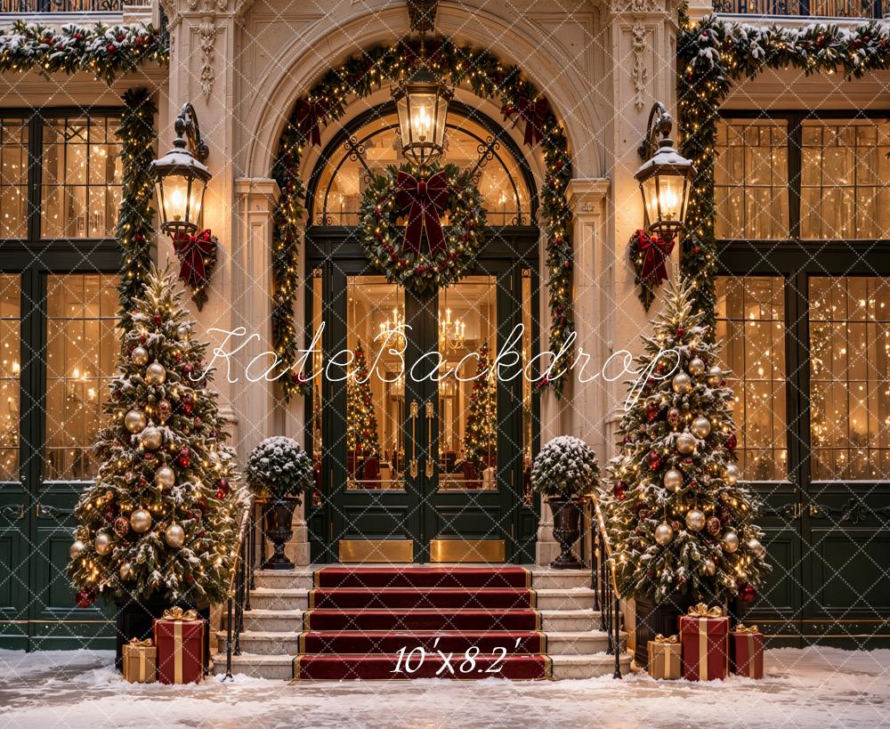 Kate Christmas City Snowy Grand Building Entrance Arch Wreaths Staircase Printed Backdrop Designed by Jordan Moon