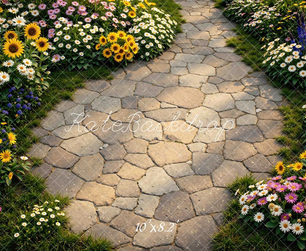 Kate Spring Cobblestone Pathway Colorful Garden Flowers Floor Backdrop Designed by Mini MakeBelieve