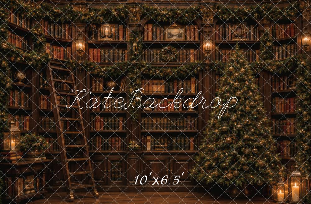 Kate Christmas Library Bookshelves Christmas Tree Ladder Garland Printed Backdrop Designed by Vertigo Productions