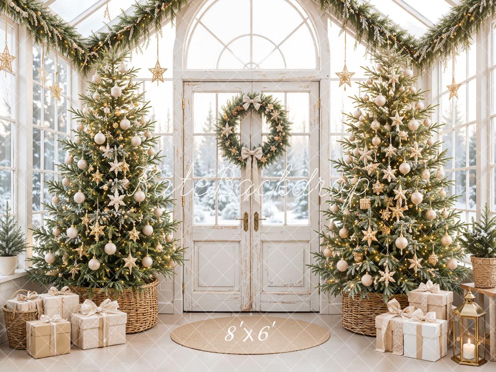 Kate Christmas Greenhouse Gold Star Trees Wreath Presents Printed Backdrop Designed by Emetselch