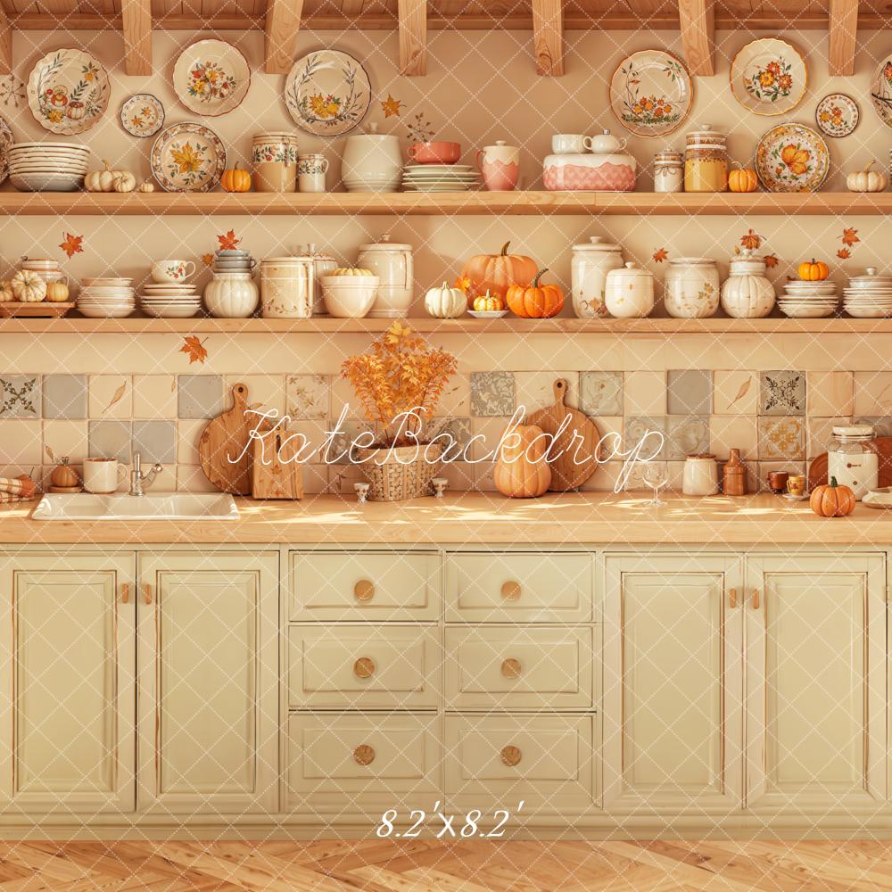 Kate Fall Kitchen Cabinets Pumpkins Shelves Plates Rustic Backdrop Designed by Emetselch