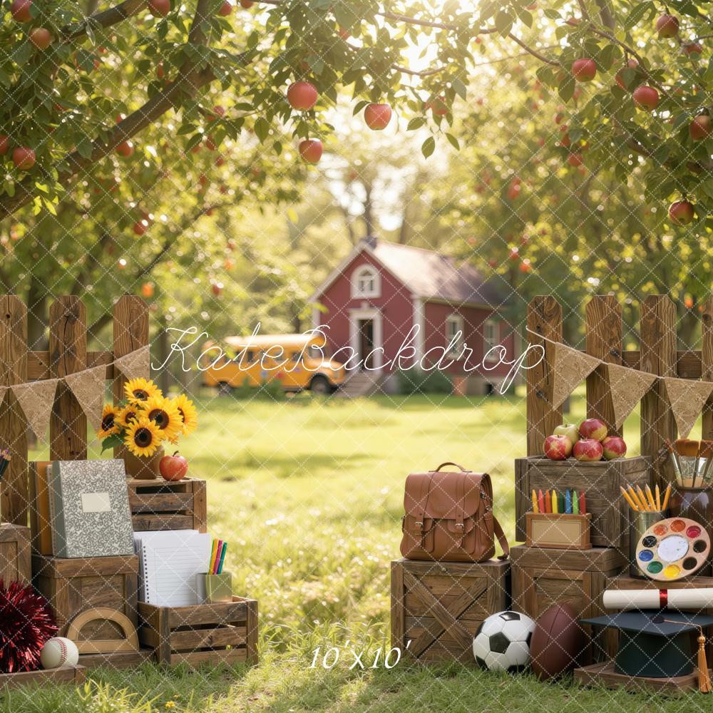 Kate Back To School Exterior Brown Fence Apple Orchard Wooden Crates Printed Backdrop Designed by Mini MakeBelieve