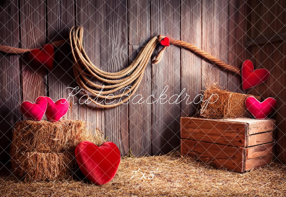 Kate Valentine's Day Rustic Barn Hearts Straw Printed Backdrop Designed by Fantasyphotoart