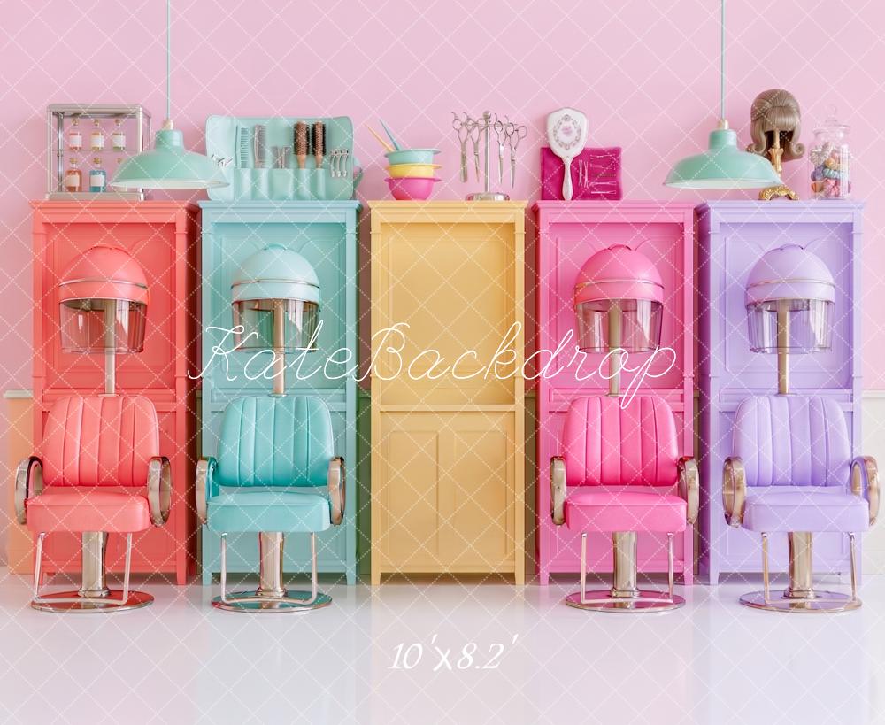 Kate Hair Salon Girls Colorful Beauty Chairs Cabinets Printed Backdrop Designed by Angela Miller