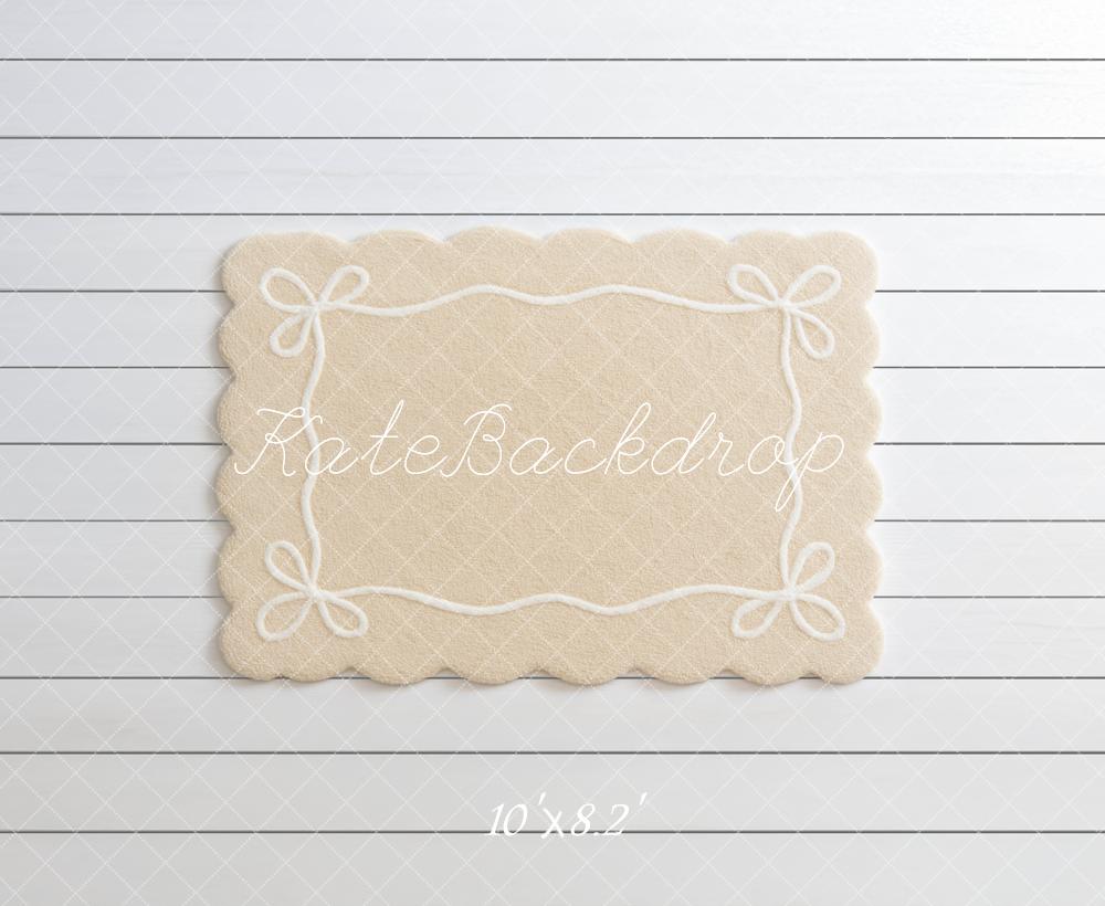 Kate Beige Rug with White Bows on White Shiplap Floor Backdrop Designed by Mini MakeBelieve