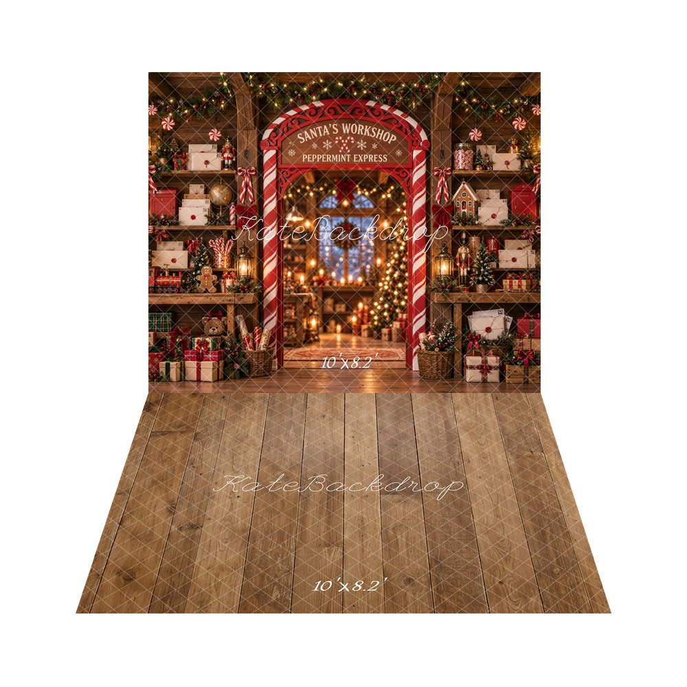 Kate Christmas Santa's Workshop Candy Cane Arch Toys Printed Backdrop+Brown Wood Plank Floor Printed Backdrop