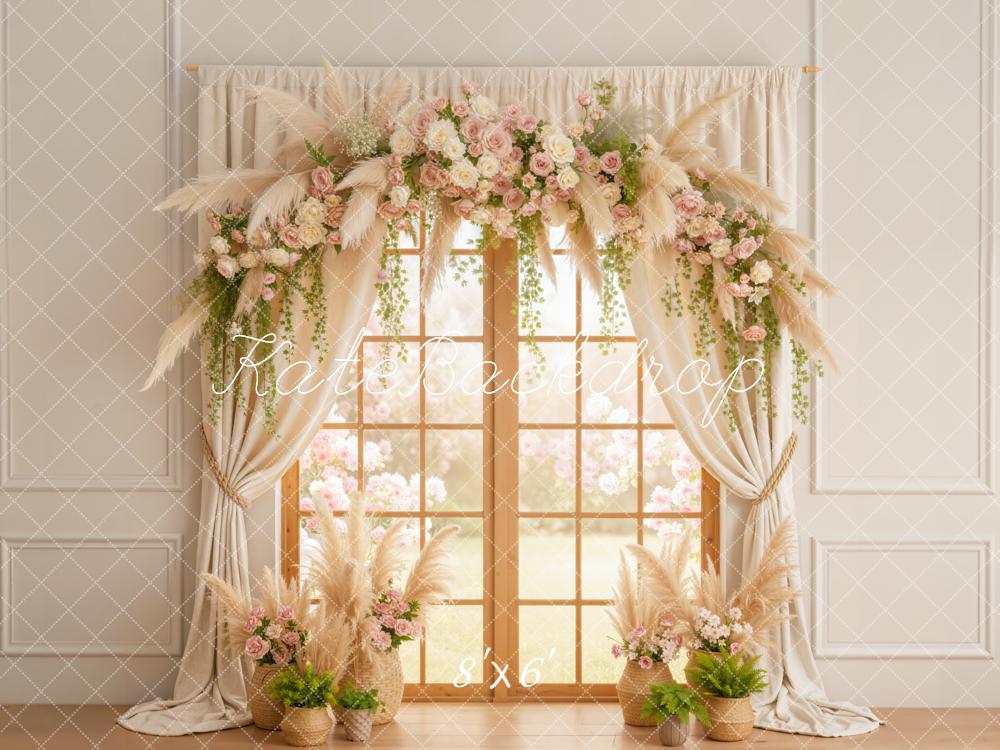 Kate Spring Flower Arch Window Curtains Pampas Grass Backdrop Designed by Emetselch